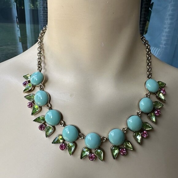 VTG Necklace 19" Mythologie Crystals Floral‎ Rhinestones Teal Green Pink NWT - Picture 2 of 10